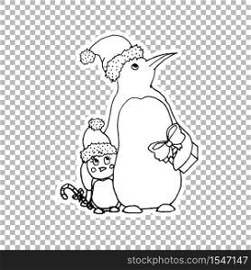 Penguin family Sticker vector linear illustration. Winter hand drawn clipart. Black and white sticker on transparent background. Christmas, New Year decoration. Coloring book isolated design element. Penguin family Sticker ornate illustration