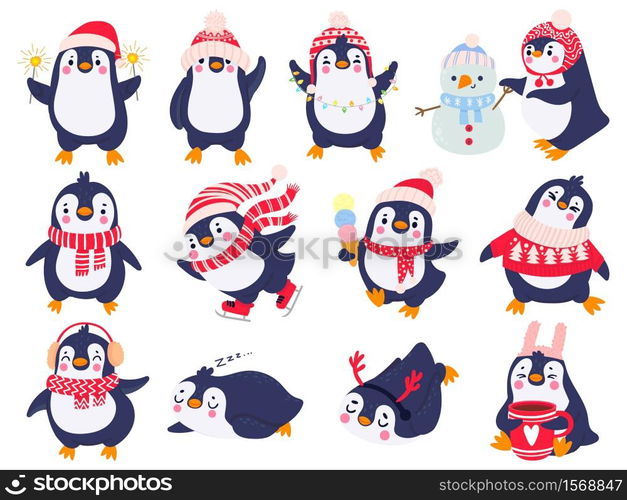 Penguin. Hand drawn cute penguins in winter clothing and hat, merry christmas greetings animals in outerwear, kids cartoon vector set. Penguin animal winter, illustration sketch holiday character. Penguin. Hand drawn cute penguins in winter clothing and hat, merry christmas greetings arctic animals in outerwear, kids cartoon vector set