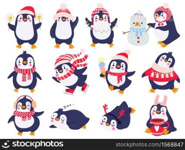 Penguin. Hand drawn cute penguins in winter clothing and hat, merry christmas greetings animals in outerwear, kids cartoon vector set. Penguin animal winter, illustration sketch holiday character. Penguin. Hand drawn cute penguins in winter clothing and hat, merry christmas greetings arctic animals in outerwear, kids cartoon vector set