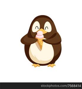 Penguin happily eating ice cream in cone vector. Antarctic animal with colored feathers enjoying meal, sweet dessert with crust pastry and top creamy. Penguin Happily Eating Ice Cream in Cone Vector