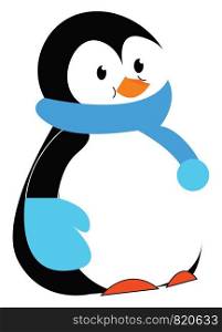 Penguin in blue scarf and hand gloves vector or color illustration