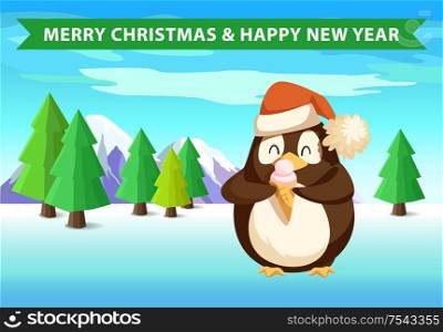Penguin in forest with ice cream, Christmas and New Year banner. Firs and spruces, mountains and bird in Santa hat with sweet treat in waffle cone vector. Penguin in Forest with Ice Cream, Christmas Banner