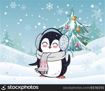 Penguin in Scarf and Headphones Winter Landscape. Penguin animal in scarf and headphones with winter landscape on background. Funny polar winter bird banner poster greeting card. Cartoon character wild penguin in flat design. Vector illustration