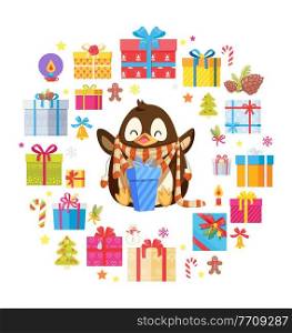 Penguin in scarf enjoying gift box, holidays paper card vector. Smooth feathers on wings, animal in round frame with wrapped presents and festive toys. Penguin with Wrapped Presents and Toys Vector