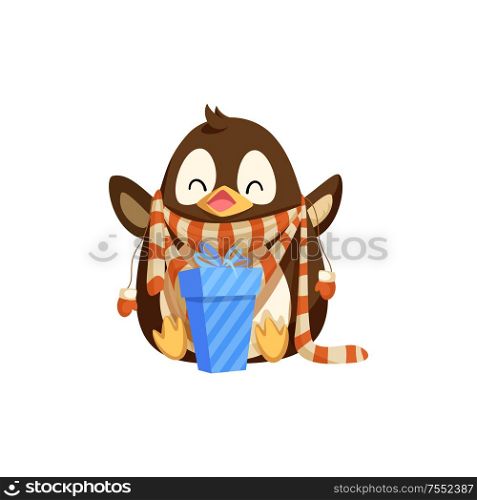 Penguin in scarf with mittens and Christmas gift. Artic bird in winter clothes with present box. Animal celebrating holiday isolated vector icon.. Penguin in Scarf with Mittens and Christmas Gift