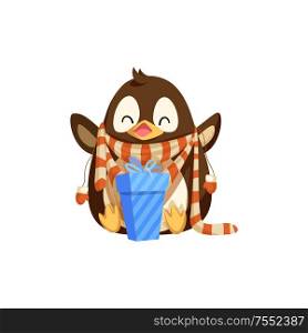 Penguin in scarf with mittens and Christmas gift. Artic bird in winter clothes with present box. Animal celebrating holiday isolated vector icon.. Penguin in Scarf with Mittens and Christmas Gift