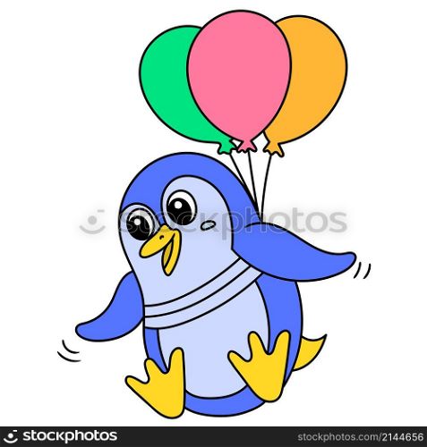 penguin is being carried flying by a bunch of hot air balloons