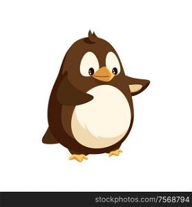 Penguin looking in distance and walking isolated icon vector. Animal with wings and beak, white and brown feathers. Antarctic winter cheerful character. Penguin Looking in Distance and Walking Isolated