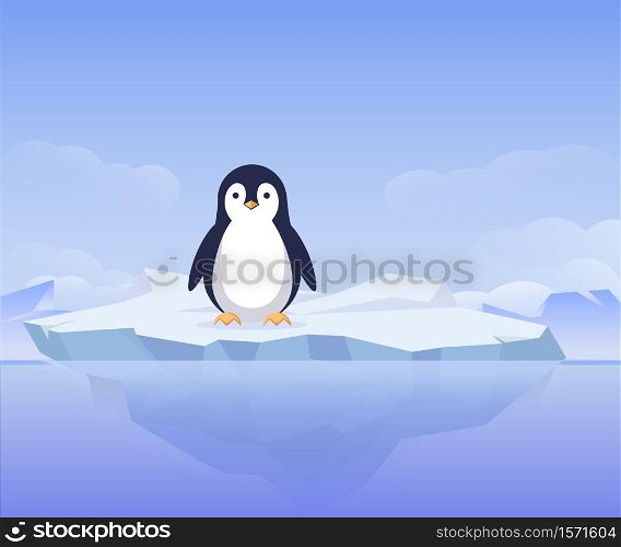 Penguin on an ice floe. Cute arctic bird happily stands on an iceberg natural ice and inhabitants of Antarctica protection and preservation of environment from vector global warming.. Penguin on an ice floe. Cute arctic bird happily stands on an iceberg.