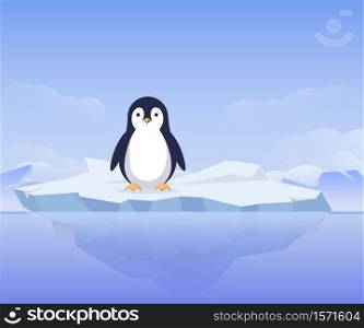 Penguin on an ice floe. Cute arctic bird happily stands on an iceberg natural ice and inhabitants of Antarctica protection and preservation of environment from vector global warming.. Penguin on an ice floe. Cute arctic bird happily stands on an iceberg.