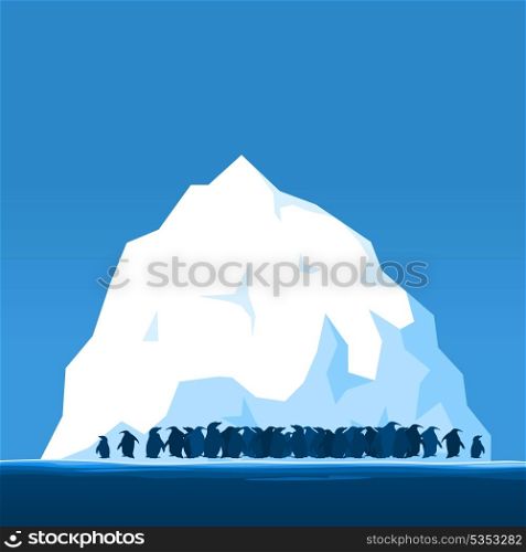 Penguin on an ice floe. Penguins on ice in the north. A vector illustration