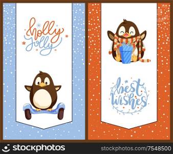 Penguin on gyroscooter and with Christmas gift box. Bird on modern transport and animal in scarf and mittens, New Year present, winter holidays vector. Penguin on Gyroscooter and with Christmas Gift Box