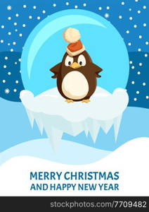 Penguin on ice floe in Santa hat, Christmas card. Winter holiday, bird in glass ball, icicles and snowflakes, Arctic animal vector, New Year greeting. Penguin on Ice Floe in Santa Hat, Christmas Card