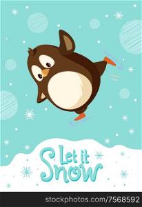 Penguin on skates, bird skating on ice rink, Christmas holidays celebration. Arctic cartoon character on snowy blue with snowflakes. Polar animal greeting card. Penguin on Skates, Bird Skating on Ice Rink, Xmas