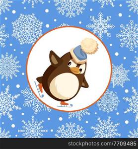 Penguin on skates isolated vector animal in round frame decorated by snowflakes. Flightless bird skating. Vector Arctic animal, Christmas cartoon character. Penguin Skates Isolated Vector Animal Round Frame