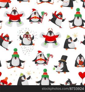 Penguin seamless pattern. Christmas penguins in confetti with fireworks, xmas tree toys and sweets. Funny animal skiing, classy vector print. Illustration of winter animal bird. Penguin seamless pattern. Christmas penguins in confetti with fireworks, xmas tree toys and sweets. Funny animal skiing, classy vector print