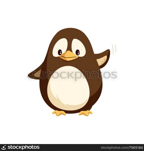 Penguin waving left wing and sending greetings to everyone, wintertime cartoon character isolated vector. Funny arctic bird, small animal kid, funny creature. Penguin Waving Left Wing and Sending Greetings