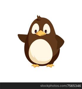 Penguin waving right wing and sending greetings. Funny arctic bird, small animal kid, funny creature. Wintertime cartoon character isolated vector. Penguin Waving Right Wing and Sending Greetings