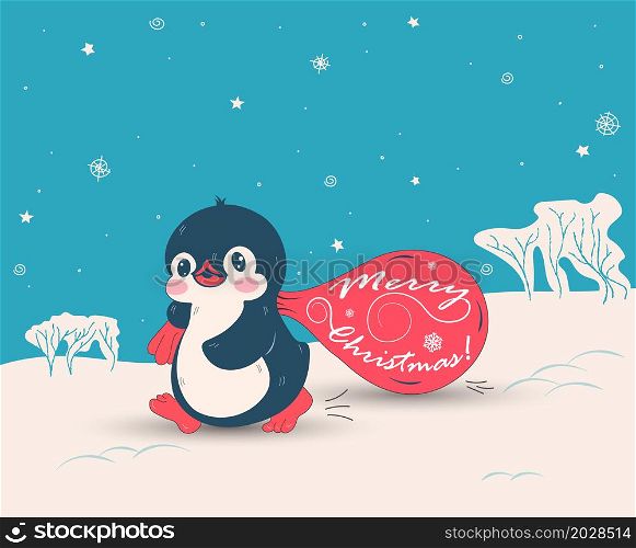 penguin with a bag of gifts and the inscription merry Christmas. Flat style.