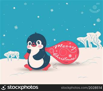 penguin with a bag of gifts and the inscription merry Christmas. Flat style.