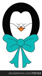 Penguin with a cute big blue bow vector color drawing or illustration