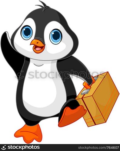 Penguin with a suitcase is leaving and waving goodbye