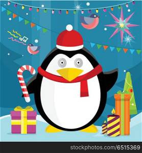 Penguin with Candy Stick Near Christmas Presents. Penguin with candy stick near christmas presents on background with snow, fir trees, and new year garland. Winter holiday concept. Merry Christmas card, celebration holiday greeting card. Vector