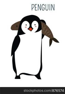 Penguin with huge fish childish book character. Bird from North Pole with seafood comic cartoon picture for fairy tale. Arctic creature, wild species, and seafood isolated vector illustration.. Penguin with huge fish childish book character