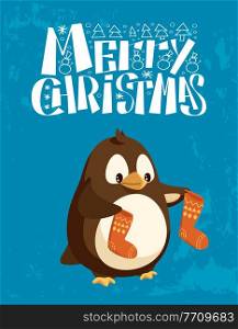 Penguin with knitted Christmas socks, winter holiday card. Bird with knitted stockings with ornament, congratulation sign and firs with snowmen vector. Penguin with Christmas Socks, Winter Holiday Card