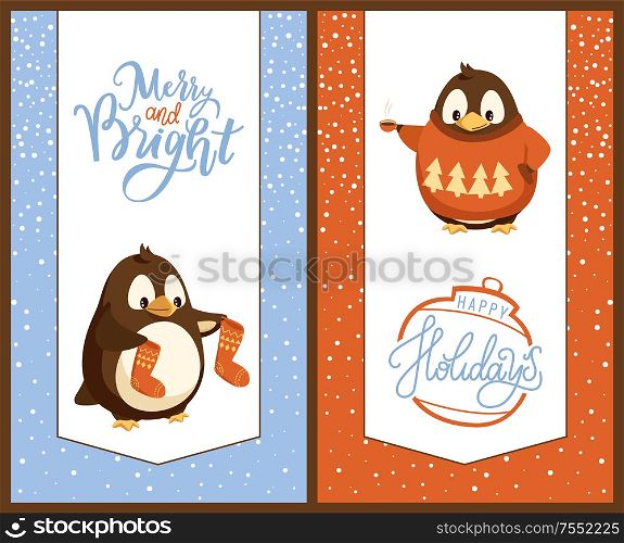 Penguin with knitted socks and sweater, Christmas and New Year holidays. Hot tea or coffee cup, Xmas tree decoration or ball, greeting cards vector. Penguin with Knitted Socks and Sweater, Christmas