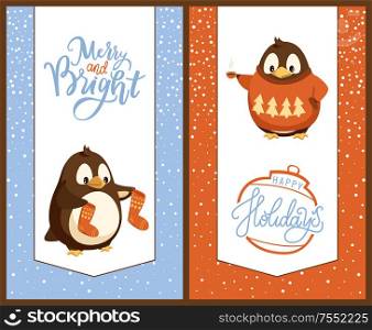 Penguin with knitted socks and sweater, Christmas and New Year holidays. Hot tea or coffee cup, Xmas tree decoration or ball, greeting cards vector. Penguin with Knitted Socks and Sweater, Christmas