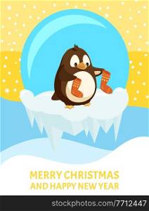 Penguin with knitted socks, Christmas greeting card. Bird in glass ball on ice floe, snowflakes and icicles. Knitwear and animal, winter holidays vector. Penguin and Knitted Socks, Christmas Greeting Card