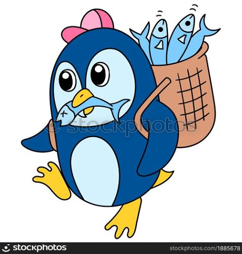 penguins carry fish in a basket bag, doodle icon image. cartoon caharacter cute doodle draw