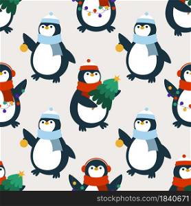 Penguins with Christmas tree, garland, and ball. Vector seamless pattern in cartoon style.