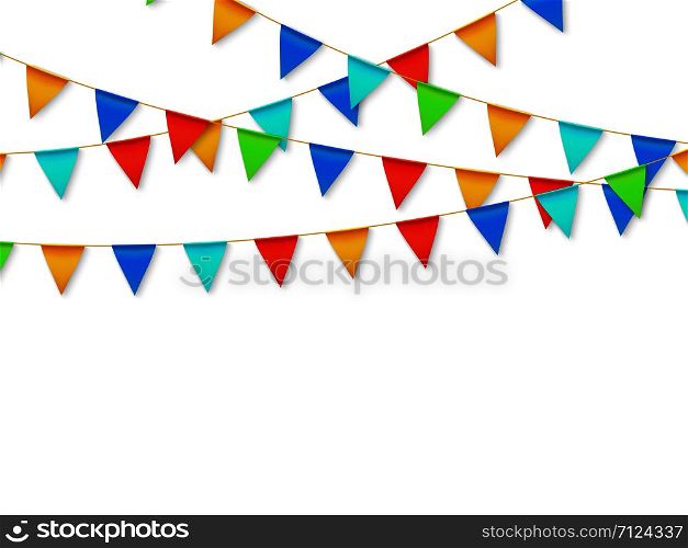 Pennant flag garland. Birthday party fiesta carnival decoration. Garlands with color flags 3d vector illustration. Carnival decoration hanging on rope, celebration banner with place. Pennant flag garland. Birthday party fiesta carnival decoration. Garlands with color flags 3d vector illustration