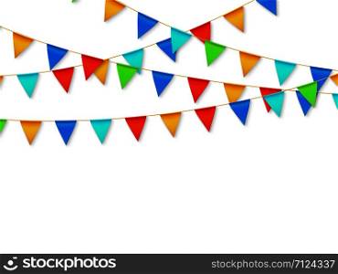 Pennant flag garland. Birthday party fiesta carnival decoration. Garlands with color flags 3d vector illustration. Carnival decoration hanging on rope, celebration banner with place. Pennant flag garland. Birthday party fiesta carnival decoration. Garlands with color flags 3d vector illustration