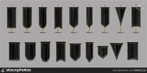 Pennant flags of black and gold colors mockup, blank vertical banners on flagpole and hanging with different edge shapes. Isolated medieval heraldic empty ensigns. Realistic 3d vector illustration set. Pennant flags of black and gold colors mockup set