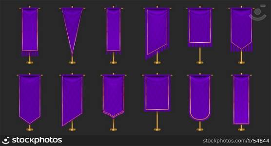Pennant flags of purple and gold colors mockup, blank vertical banners with different edge shapes hanging on flagpole. Isolated medieval heraldic empty ensigns. Realistic 3d vector illustration set. Pennant flags of purple and gold colors mockup