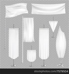 Pennants banners flags realistic set on transparent background with various shapes mockups and empty colour cloth vector illustration