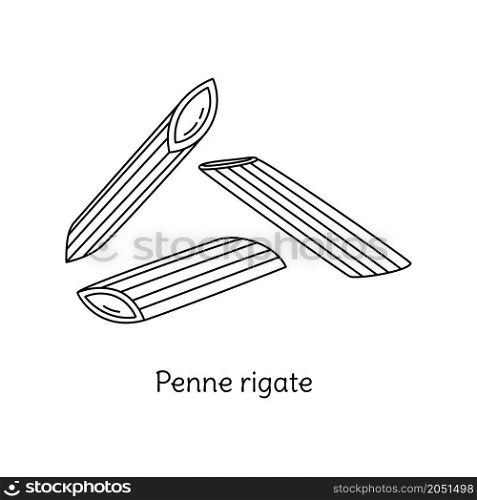 Penne rigate pasta illustration. Vector doodle sketch. Traditional Italian food. Hand-drawn image for engraving or coloring book. Isolated black line icon. Editable stroke.