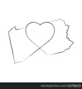 Pennsylvania US state hand drawn pencil sketch outline map with heart shape. Continuous line drawing of patriotic home sign. A love for a small homeland. T-shirt print idea. Vector illustration.. Pennsylvania US state hand drawn pencil sketch outline map with the handwritten heart shape. Vector illustration