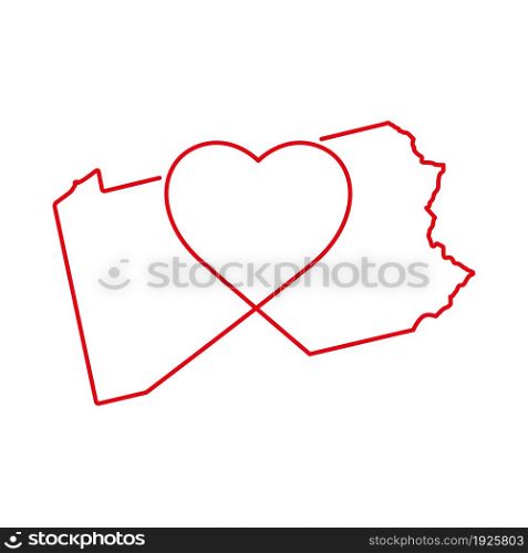 Pennsylvania US state red outline map with the handwritten heart shape. Continuous line drawing of patriotic home sign. A love for a small homeland. T-shirt print idea. Vector illustration.. Pennsylvania US state red outline map with the handwritten heart shape. Vector illustration
