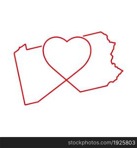 Pennsylvania US state red outline map with the handwritten heart shape. Continuous line drawing of patriotic home sign. A love for a small homeland. T-shirt print idea. Vector illustration.. Pennsylvania US state red outline map with the handwritten heart shape. Vector illustration