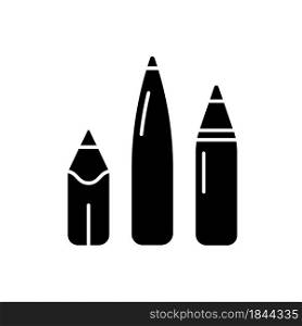 Pens and pencils black glyph icon. School supplies. Writing instrument. Object with ink. Use for sketching. Handwriting activities. Silhouette symbol on white space. Vector isolated illustration. Pens and pencils black glyph icon