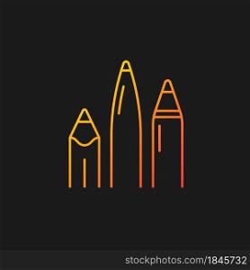 Pens and pencils gradient vector icon for dark theme. School supplies. Writing instrument. Use for drawing, sketching. Thin line color symbol. Modern style pictogram. Vector isolated outline drawing. Pens and pencils gradient vector icon for dark theme