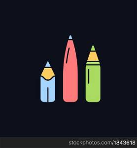 Pens and pencils RGB color icon for dark theme. School supplies. Writing instrument. Use for drawing. Isolated vector illustration on night mode background. Simple filled line drawing on black. Pens and pencils RGB color icon for dark theme