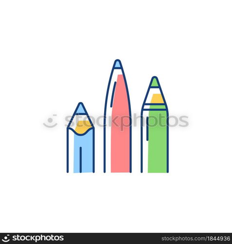 Pens and pencils RGB color icon. School supplies. Writing instrument. Object with ink. Use for drawing and sketching. Handwriting activities. Isolated vector illustration. Simple filled line drawing. Pens and pencils RGB color icon