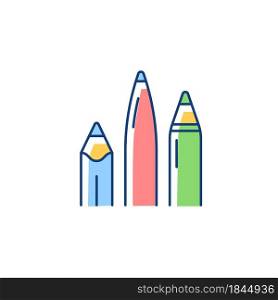 Pens and pencils RGB color icon. School supplies. Writing instrument. Object with ink. Use for drawing and sketching. Handwriting activities. Isolated vector illustration. Simple filled line drawing. Pens and pencils RGB color icon