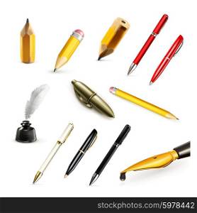 Pens and pencils, set vector icons