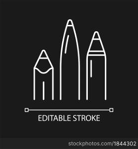 Pens and pencils white linear icon for dark theme. School supplies. Writing instrument. Thin line customizable illustration. Isolated vector contour symbol for night mode. Editable stroke. Pens and pencils white linear icon for dark theme